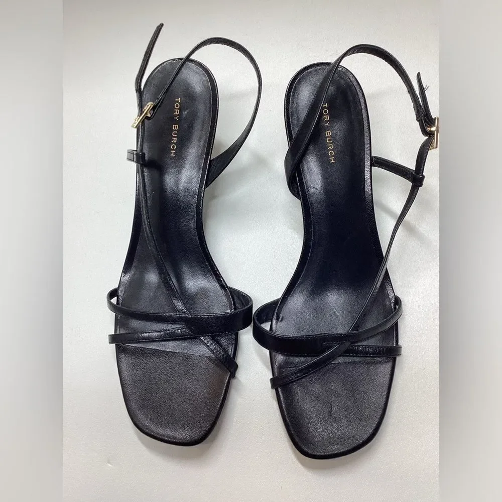 Tory Burch Black Leather Strappy Slingback Heels Size 10.5